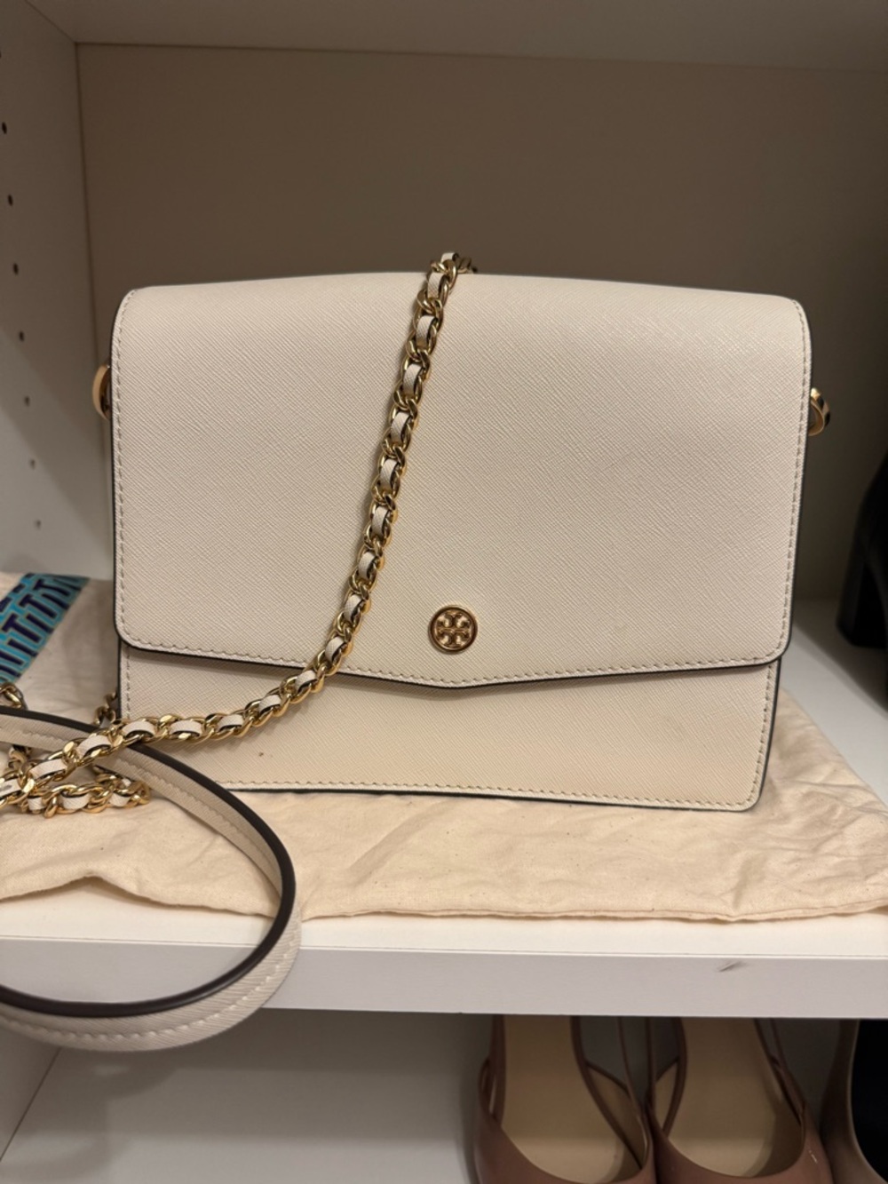Tory Burch Cream Saffiano Leather Chain-Trim Crossbody